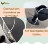 A collage-style image showing close-ups of a plant tower's features, including a drainage overflow and wheels, with German text overlays. Produktbild-Vorschau