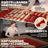 A split image showing a close-up of a bed frame's adjustable slats and a woman interacting with a bed. Produktbild-Vorschau