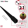 A black metal ground anchor for a post, with accompanying screws and informational graphics. Produktbild-Vorschau