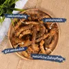 A top-down view of dried chicken necks in a wooden bowl, with text overlays highlighting their benefits. Produktbild-Vorschau