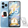 A light blue smartphone is shown with a clear protective case and a microSD card with a gift box. Produktbild-Vorschau