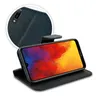 A black flip case for a Huawei Y6 2019 smartphone is shown open, displaying the phone's screen with a colorful abstract wallpaper. A close-up inset shows the textured material of the case and the phone's camera. Produktbild-Vorschau
