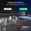 Split image showing a night vision camera's view with and without spotlight, and a pool area at night with warm lighting. Produktbild-Vorschau