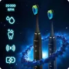 Two electric toothbrushes are displayed against a dark, starry background with blue nebula-like clouds. Neon icons representing features are on the left. Náhled obrázku produktu