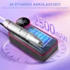 A close-up of an electric nail drill with a digital display and battery indicator, set against a purple and white gradient background with clock markings. Produktbild-Vorschau