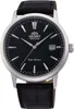 A close-up studio shot of an Orient Bambino automatic watch with a black dial and a black leather strap. Náhľad obrázku produktu