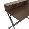 A close-up view of a dark brown wooden desk with a metal frame. Produktbild-Vorschau