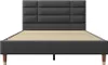 A front view of a gray upholstered bed frame with a slatted mattress support. Produktbild-Vorschau
