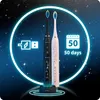 Two electric toothbrushes, one black and one pink, are displayed on a charging stand against a dark, starry background with a glowing blue circle and icons representing charging and calendar days. Náhled obrázku produktu