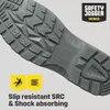 Close-up of the sole of a black safety shoe, highlighting its features. Náhľad obrázku produktu