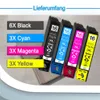 Four ink cartridges are displayed diagonally, with text labels to their left indicating quantities and colors. Produktbild-Vorschau