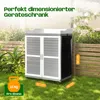 A garden storage cabinet is shown outdoors on a grassy lawn, next to a wooden fence. The cabinet is gray and white with double doors. Dimensions and weight capacity are indicated with text overlays. Produktbild-Vorschau