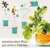 An illustration showing the three steps to aromatize whiskey, with a real oak leaf and a glass of whiskey in the foreground. Produktbild-Vorschau