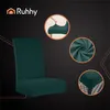 A dark background with a chair cover and close-up shots of the fabric and how it fits on a chair. Podgląd zdjęcia produktu