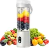 A portable blender filled with fruits and ice, surrounded by fresh produce, on a white background. Produktbild-Vorschau