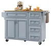 A blue kitchen island with a wooden countertop is shown against a white background. It has cabinets and drawers, and a towel is hanging from the side. Podgląd zdjęcia produktu