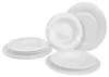 A set of white ceramic plates and bowls arranged on a white background. Produktbild-Vorschau