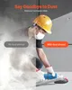 A construction worker wearing a hard hat and mask is shown, with the image split to demonstrate the difference between using a grinder with and without a dust shroud. Voir les images du produit