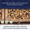A tarp covering a stack of firewood, with icons and text indicating its protective qualities. Produktbild-Vorschau