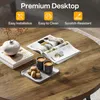 A round wooden coffee table with books, magazines, coffee cups, and macarons on it. The top of the image has marketing text and icons. Podgląd zdjęcia produktu