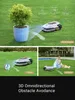 Collage of images showing a robotic lawnmower interacting with objects, pets, and humans, demonstrating its obstacle avoidance capabilities. Produktbild-Vorschau