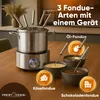 A fondue set is displayed on a wooden table, with different types of fondue indicated by icons and text. Voir les images du produit