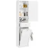 A white wooden bathroom cabinet with a closed door on the right and an open door on the left, revealing shelves with various items. Below the shelves is a drawer and a laundry basket with an open lid. Produktbild-Vorschau