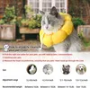A cat wearing a yellow cone-shaped collar, with a size chart and instructions on how to measure a pet's size. Produktbild-Vorschau