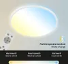 A slim LED panel light with a remote control, showing different color temperatures. Náhľad obrázku produktu