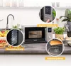 A microwave oven is shown on a kitchen counter, with close-up insets highlighting its features. Produktbild-Vorschau