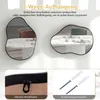 Two irregularly shaped mirrors are shown hanging on a wall, reflecting dining tables. Below are close-ups of the mirror's hanging mechanism and screws. Produktbild-Vorschau