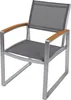 A single outdoor chair with a metal frame and fabric seat and back, and wooden armrests, shown against a white background. Produktbild-Vorschau