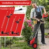 A man is using a red and silver electric grass trimmer in a garden with pink roses. Náhled obrázku produktu