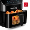 A close-up shot of a black air fryer with fried chicken inside, with a red lightbulb icon overlay. Produktbild-Vorschau