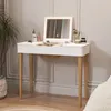 A white vanity table with a lighted mirror and makeup products is set up in a bedroom. Produktbild-Vorschau