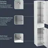 A tall, white bathroom cabinet is shown with callouts highlighting its features. Produktbild-Vorschau