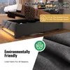 A bed with its storage compartment open, showing the hydraulic lift mechanism and the storage space underneath. The bed is upholstered in gray fabric and has LED lighting along the base. There is also a close-up of the fabric texture and a graphic indicati Produktbild-Vorschau