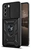 A black armor phone case with a ring holder and camera cover is shown next to a smartphone. Produktbild-Vorschau