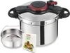 A pressure cooker, a steamer basket, and a recipe book are displayed against a white background. Podgląd zdjęcia produktu