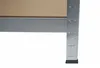 Close-up of the bottom corner of a metal shelving unit with a particle board shelf. Náhled obrázku produktu