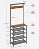 A vintage-style hall tree with a shelf, hooks, and multiple shoe shelves, shown with dimensions and weight capacities. Náhled obrázku produktu