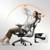 A woman is shown sitting in an ergonomic office chair, demonstrating its adjustable recline feature. The chair is shown in two positions, indicating a 90-degree and a 140-degree recline. Podgląd zdjęcia produktu