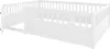 A white wooden children's bed with a safety fence and decorative cutouts of a star and moon. Voir les images du produit