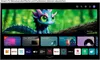 A smart TV interface displaying various app categories like Live TV, Home Office, Game, and Music, with a cartoon dragon image as the background. Produktbild-Vorschau