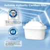A white water filter cartridge is shown next to certification logos and text describing its features. Produktbild-Vorschau