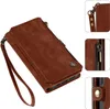 A collage of images showing a brown leather wallet-style phone case with a wrist strap and zipper. Produktbild-Vorschau