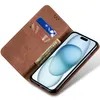 A brown leather wallet-style phone case is open, showing a phone screen with a blue and white abstract image. The case has slots for cards and cash. Produktbild-Vorschau