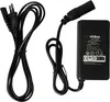 A black power adapter with two cables, one with a wall plug and the other with a connector for a device. Produktbild-Vorschau