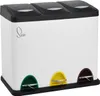 A white three-compartment trash can with black lids and colored pedals. Produktbild-Vorschau