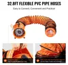 A flexible PVC pipe hose connected to a fan, with close-up shots of its features. Produktbild-Vorschau